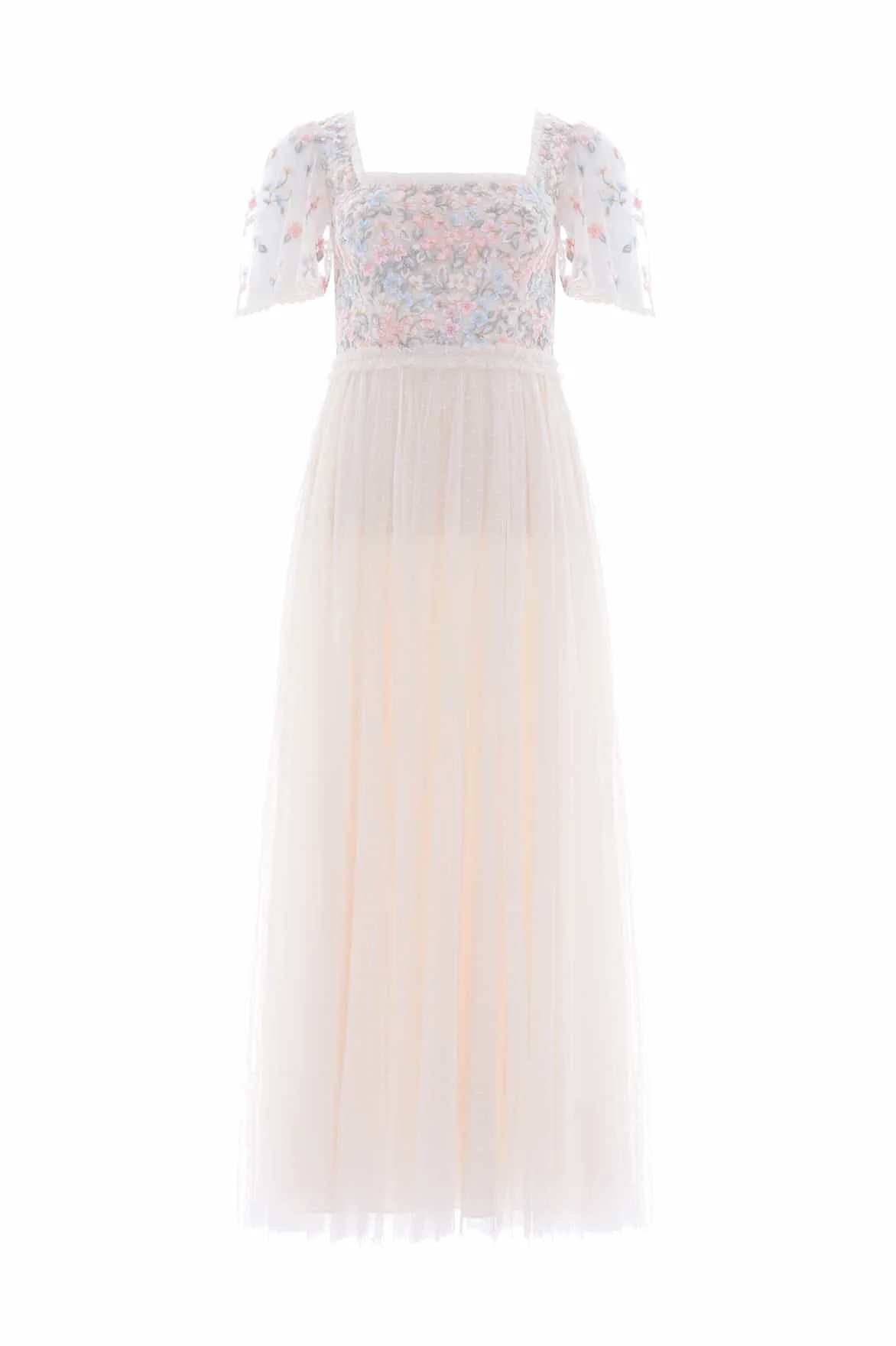Raglan-Sleeve Sleek Texture Versailles Ditsy Bodice Ankle Gown
