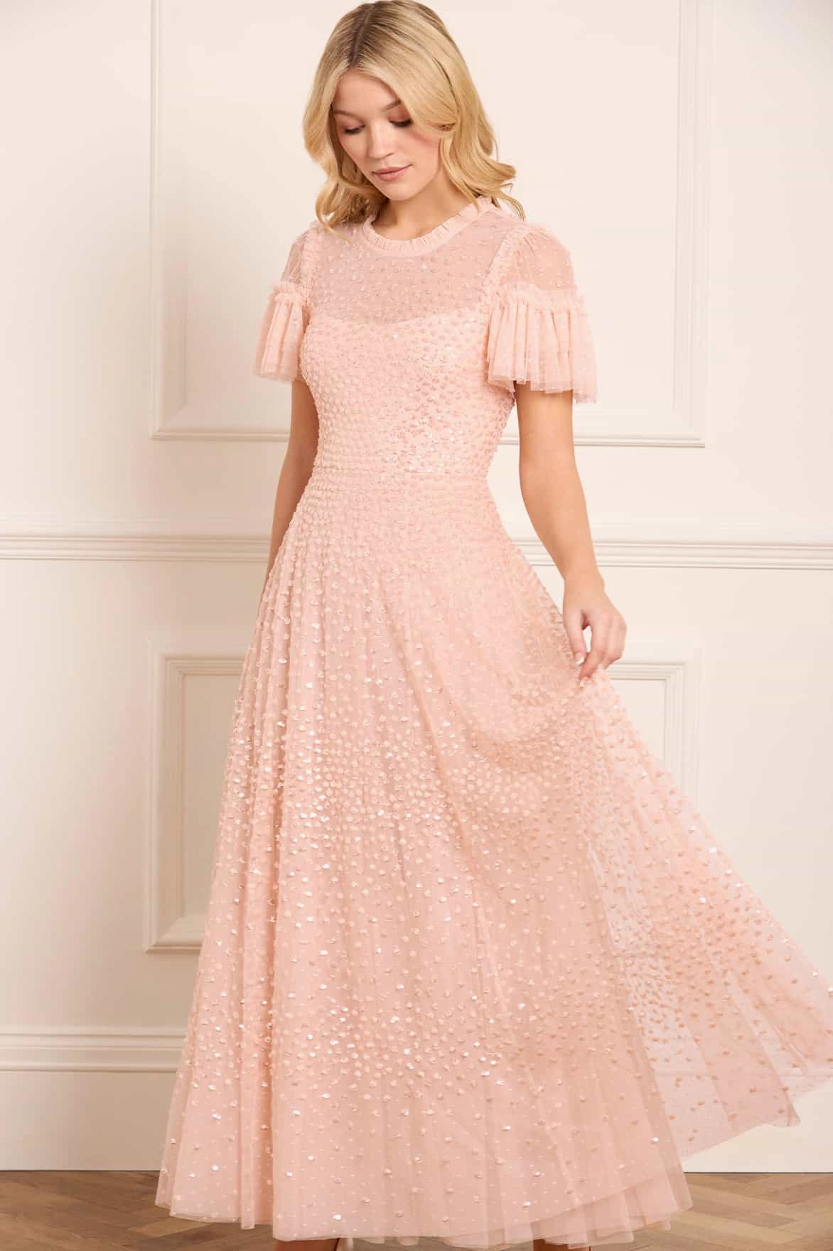 Effortless Comfort Smooth Layering Scatter Dot Round Neck Short Sleeve Ankle Gown