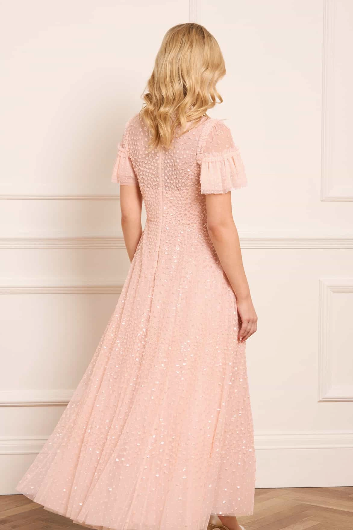 Scatter Dot Round Neck Short Sleeve Ankle Gown Elegant Flow Grace Base