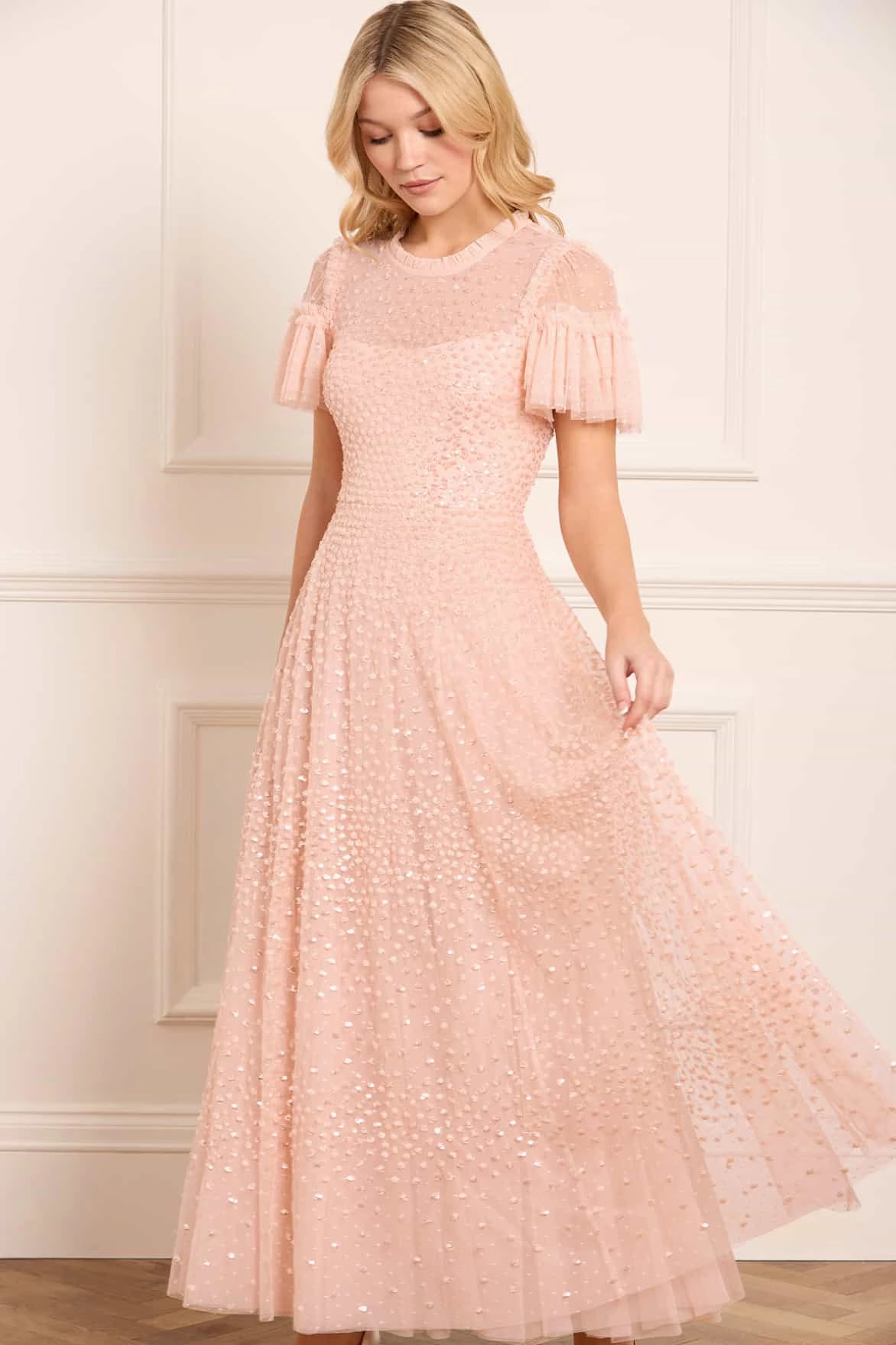 Scatter Dot Round Neck Short Sleeve Ankle Gown Back-Zip