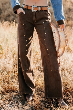 Brody Studded Wide Leg TicToc Jeans (Brown) Heather Effect Finish