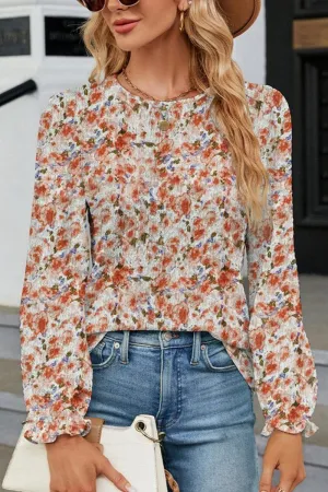 WOMEN FLORAL RUFFLE SLEEVE ROUND NECK FALL BLOUSE Casual Blouse Modular Pocket Layout