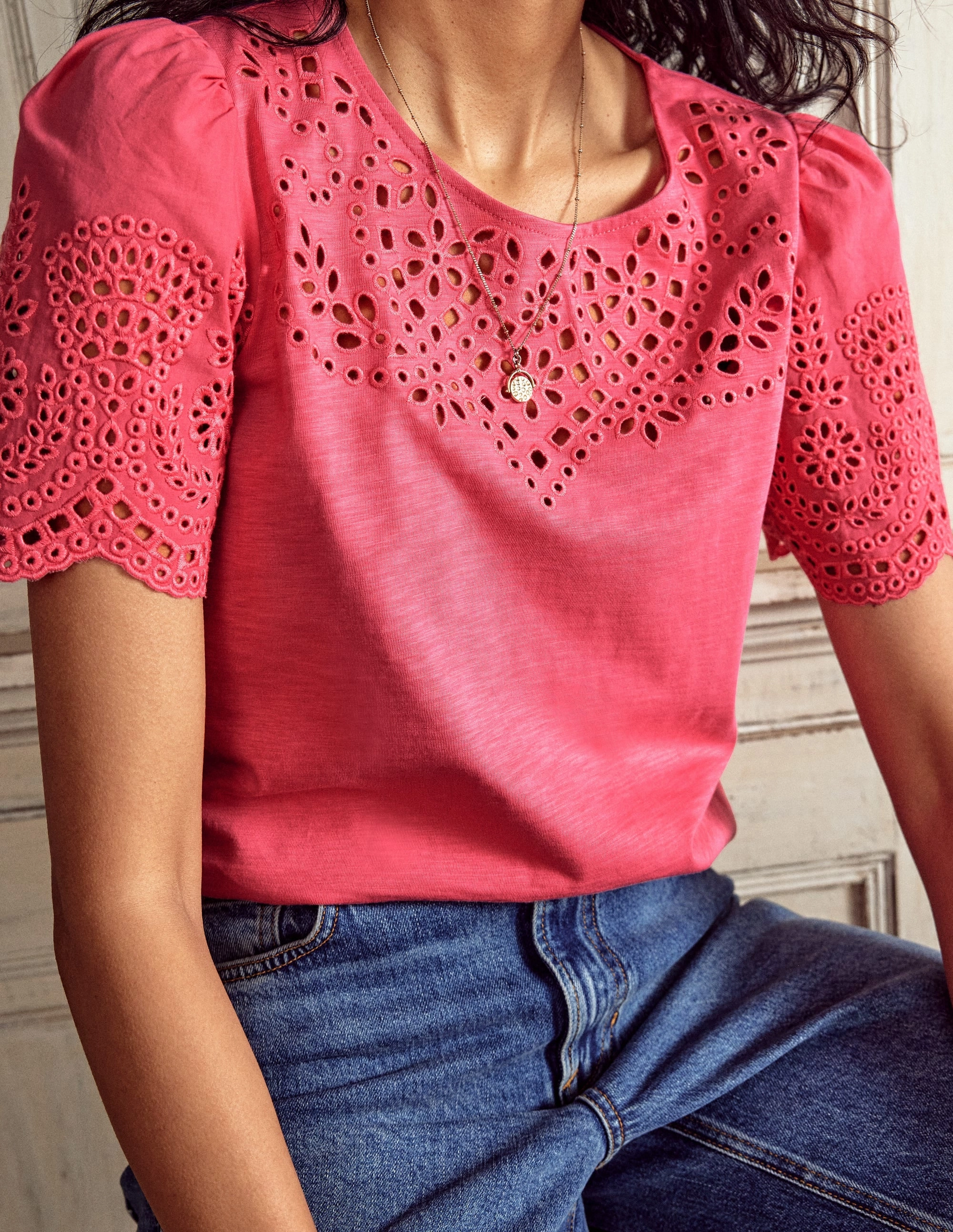 Isabel Broderie Top-Rose Pink Loose Sweater