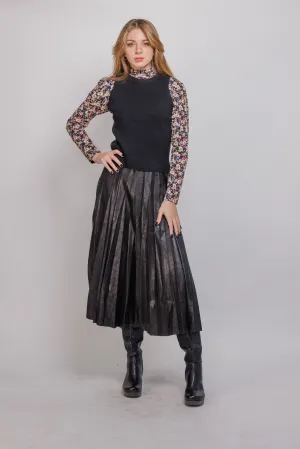 Ivee Black suede/leather  Messy Pleated Midi Skirt 25520 Mall Brand Look