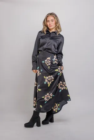 Rolled Hem Ivee BLACK/MULTI large floral print maxi skirt 25683