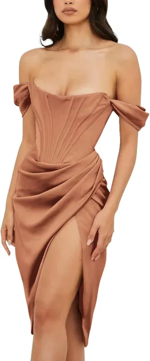 IWEMEK Womens Off Shoulder Split Bustier Corset Satin Dress Strapless Backless High Slit Bodycon Ruched Cocktail Party Dress
