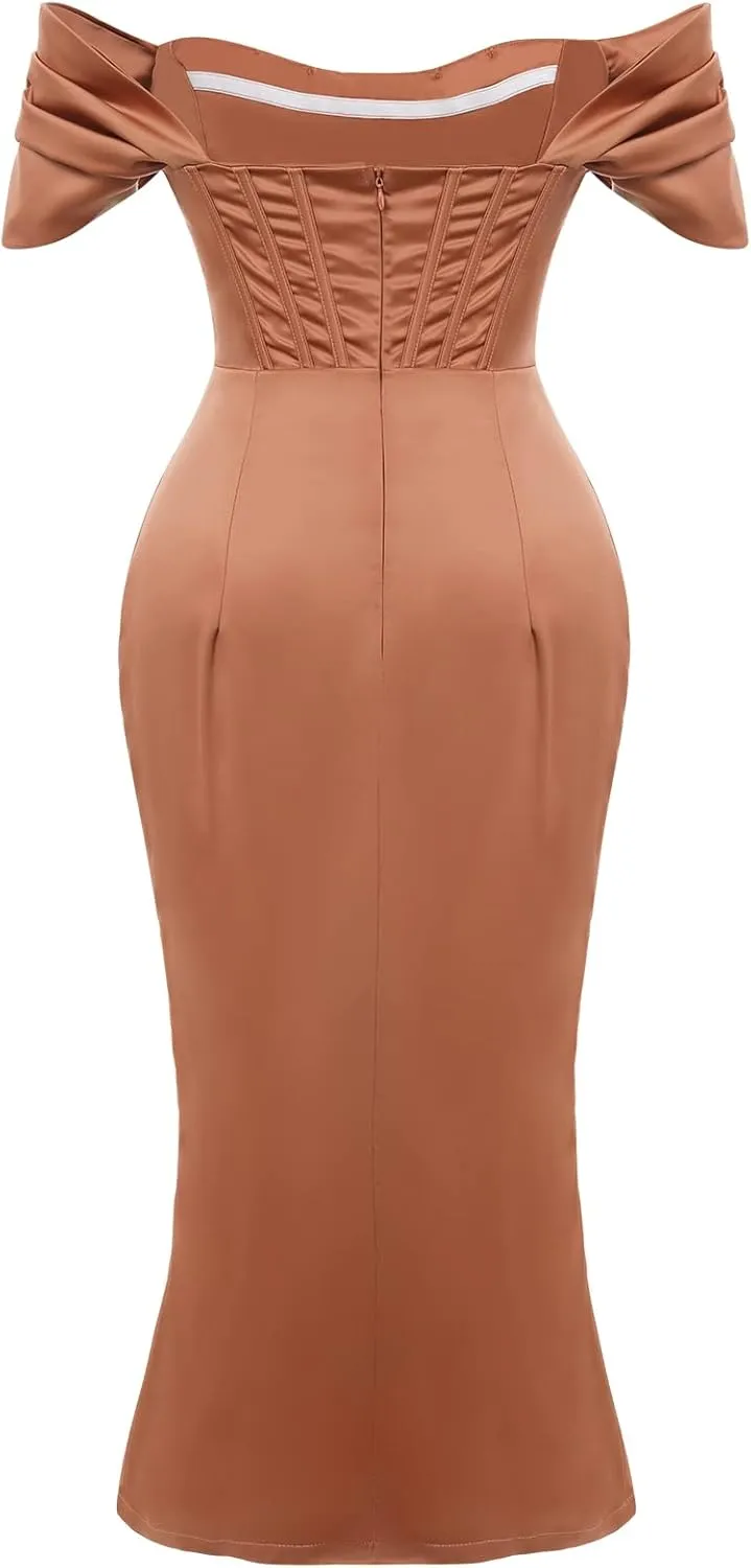 IWEMEK Womens Off Shoulder Split Bustier Corset Satin Dress Strapless Backless High Slit Bodycon Ruched Cocktail Party Dress