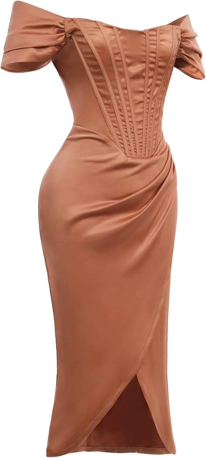 IWEMEK Womens Off Shoulder Split Bustier Corset Satin Dress Strapless Backless High Slit Bodycon Ruched Cocktail Party Dress
