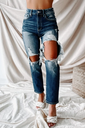 Izetta High Rise Distressed Risen Slim Straight Jeans (Dark) LowMaintenanceMaterial AllDaySoftness