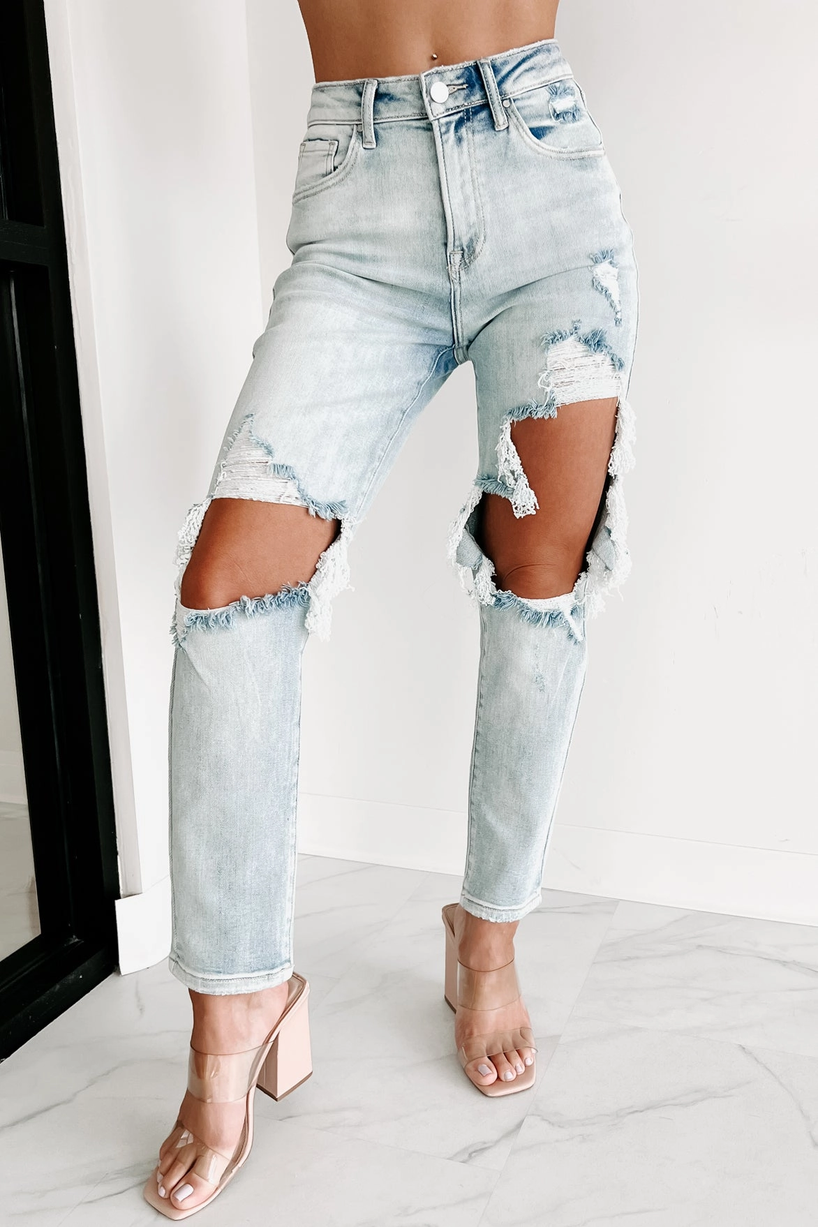 RawEdgedDesign Izetta High Rise Distressed Risen Slim Straight Jeans (Light)