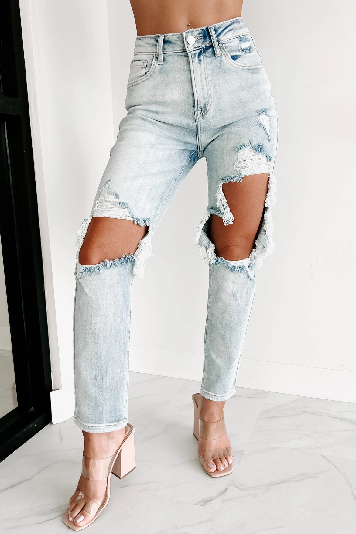 Izetta High Rise Distressed Risen Slim Straight Jeans (Light) Rolled Hem Finish