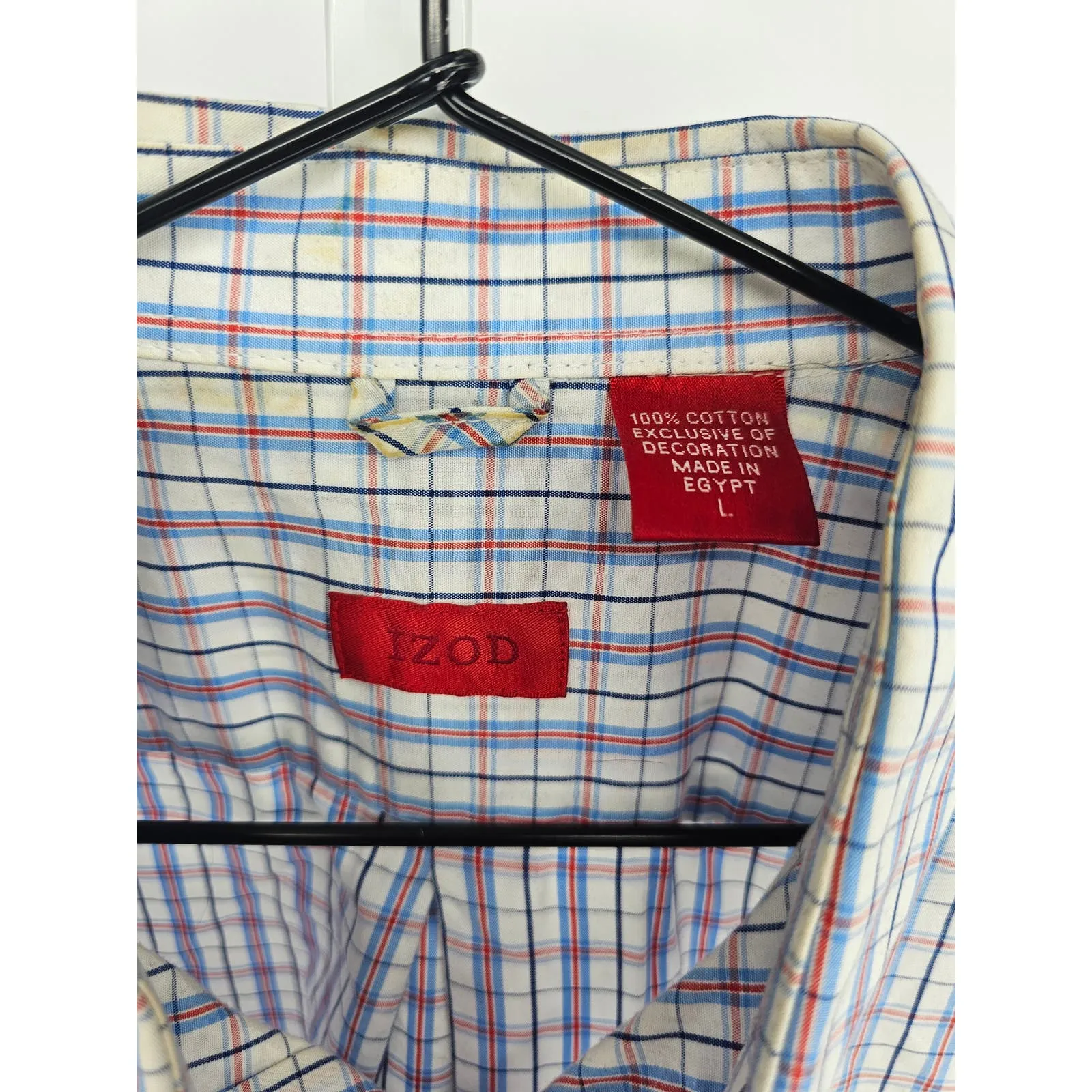 Izod Mens Sz L Short Sleeve Button Up Shirt Plaid Spring Summer 100% Cotton