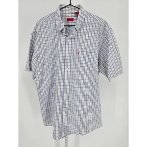 Izod Mens Sz L Short Sleeve Button Up Shirt Plaid Spring Summer 100% Cotton