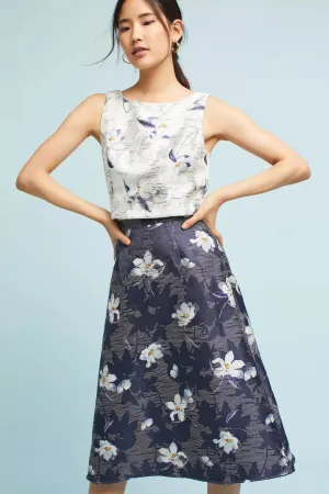 City Tones Elasticized Cuff Jacquard Floral MIdi Skirt