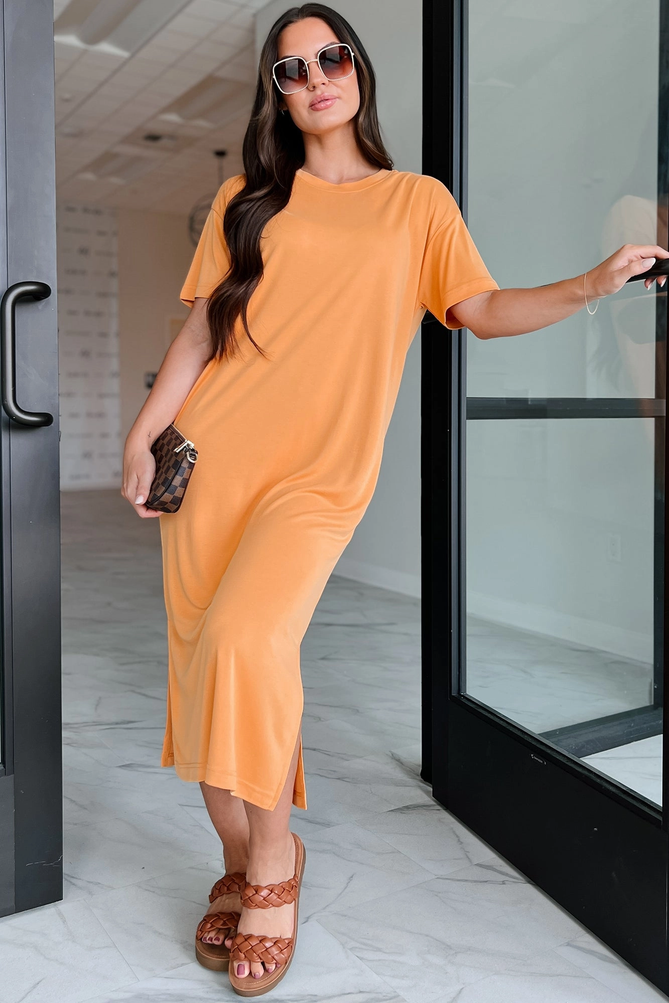 Sleek Outline Comfortable Silhouette Jaylen T-Shirt Midi Dress (Orange)