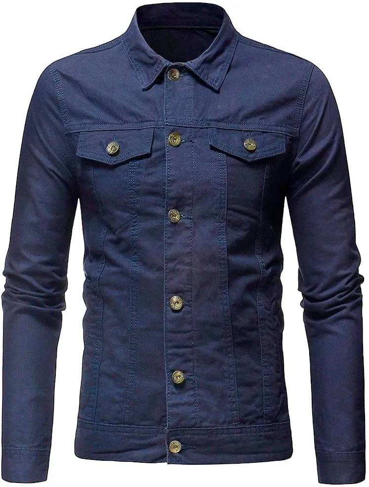 Jean Jacket Men, Casual Fashion Slim Fit Denim Shirt Trucker Jacket Comfortable Solid Everyday Cargo Denim Jackets