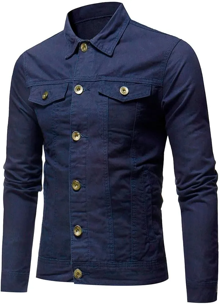 Jean Jacket Men, Casual Fashion Slim Fit Denim Shirt Trucker Jacket Comfortable Solid Everyday Cargo Denim Jackets