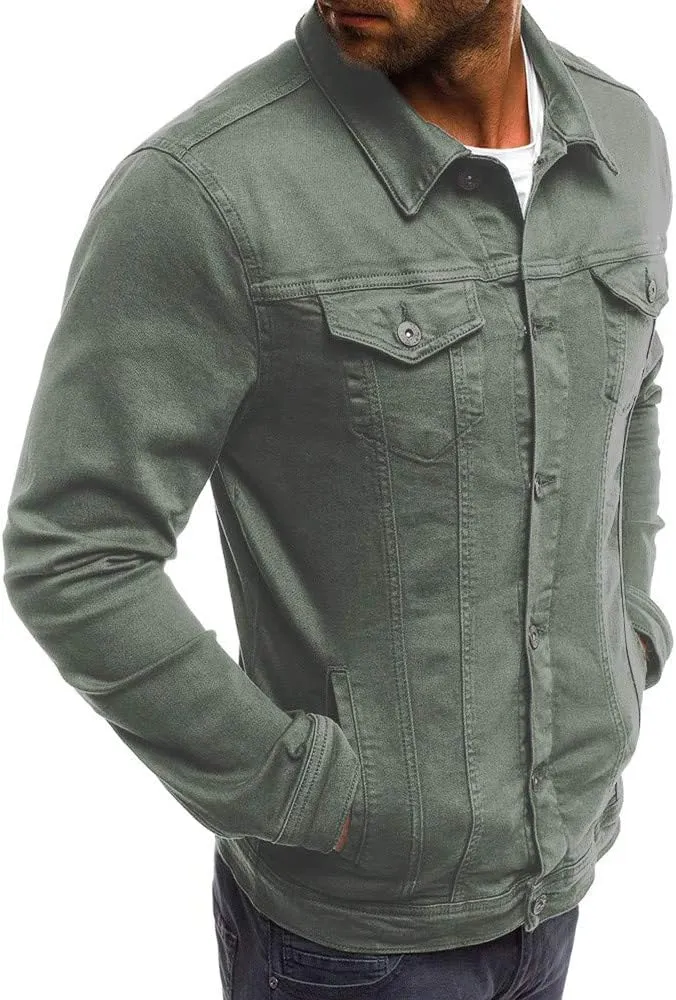Jean Jacket Men, Casual Fashion Slim Fit Denim Shirt Trucker Jacket Comfortable Solid Everyday Cargo Denim Jackets