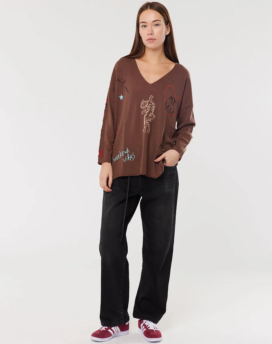 Jessie V-Neck Knitted Brown Sweater
