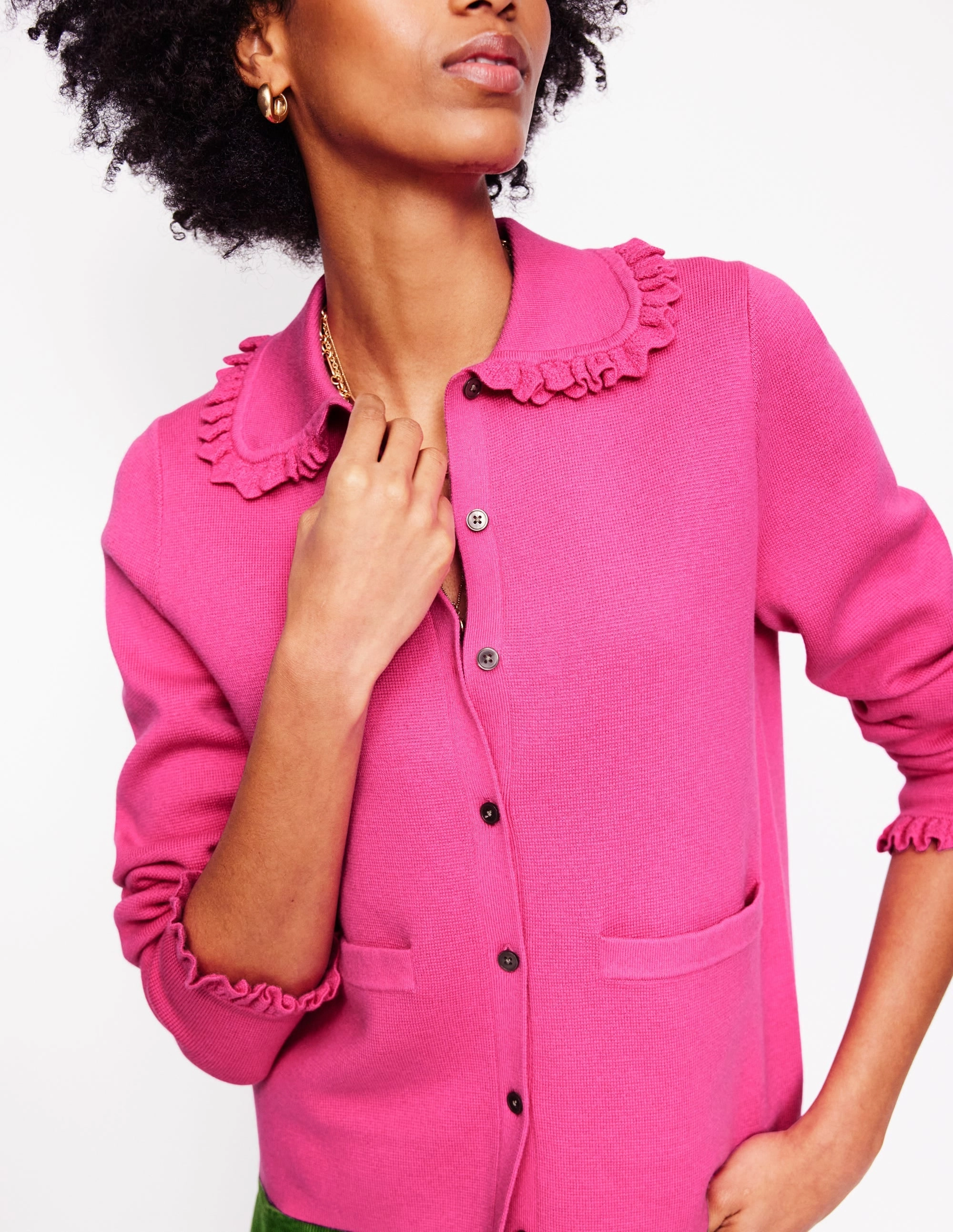 Jessie Frill Collared Cardigan-Sorbet Pink Essential Outfit Thermoregulating Technology
