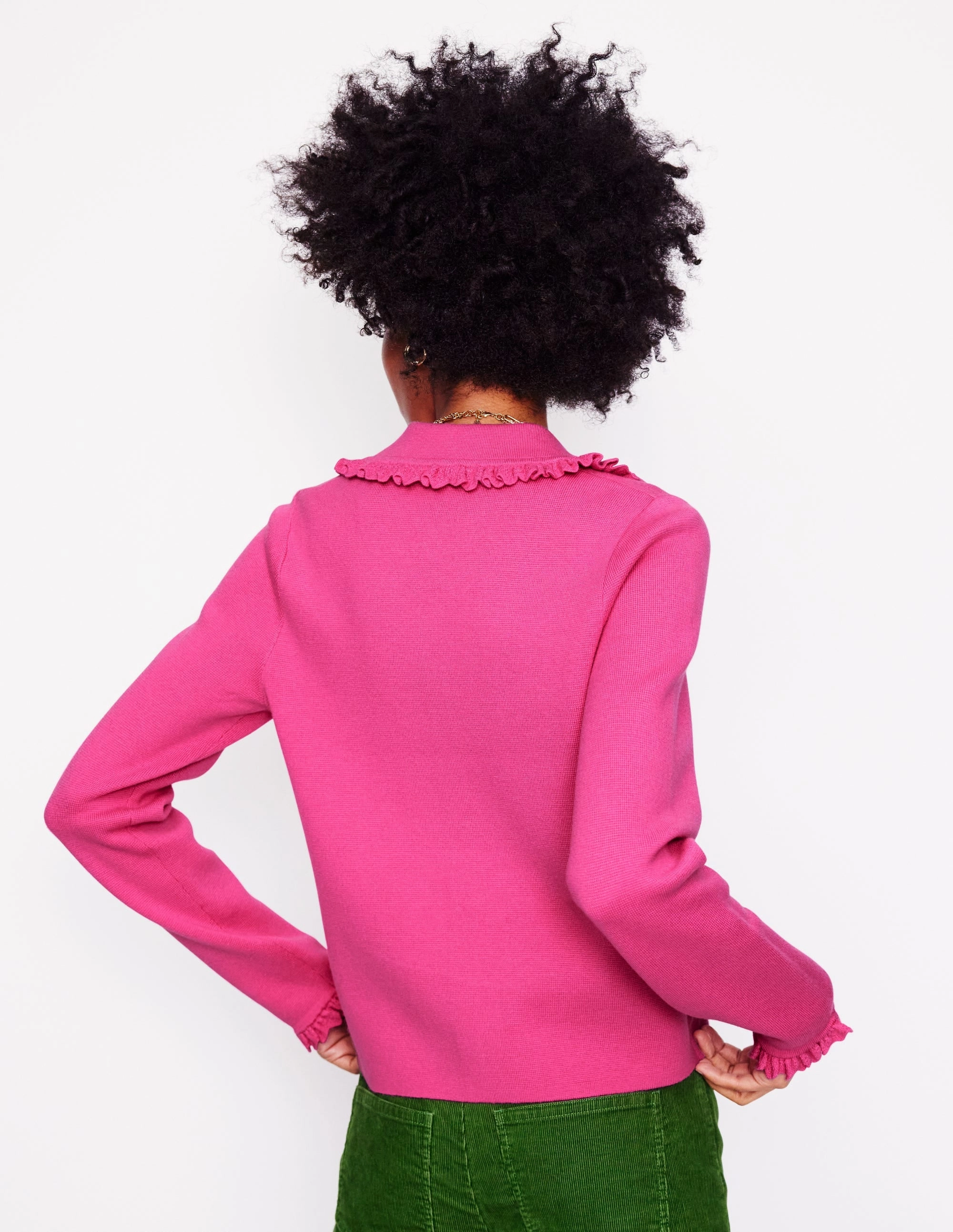 Low Impact Manufacturing Warm Vibe Jessie Frill Collared Cardigan-Sorbet Pink