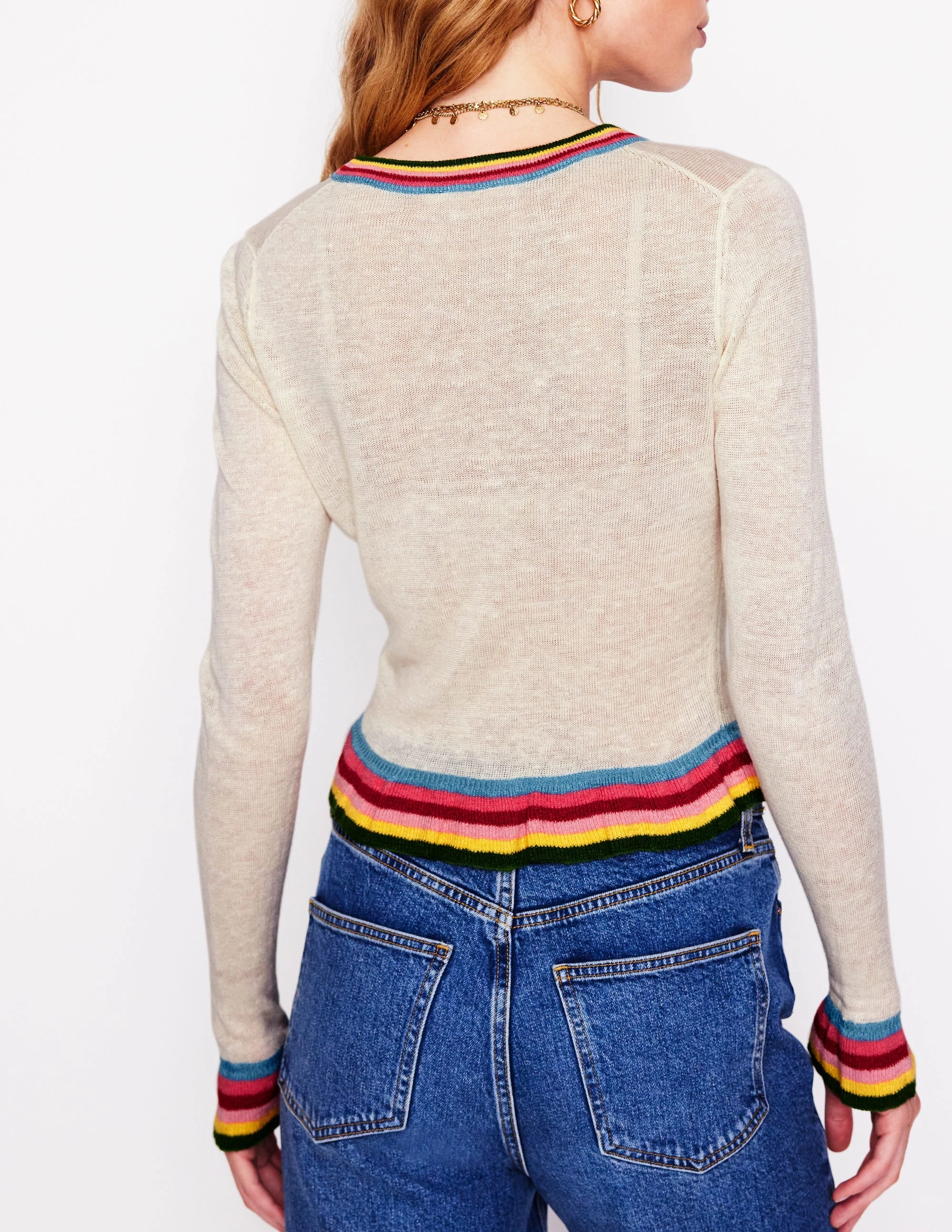 Josie Cropped Linen Cardigan-Warm Ivory, Multi Stripe Simple Silhouette
