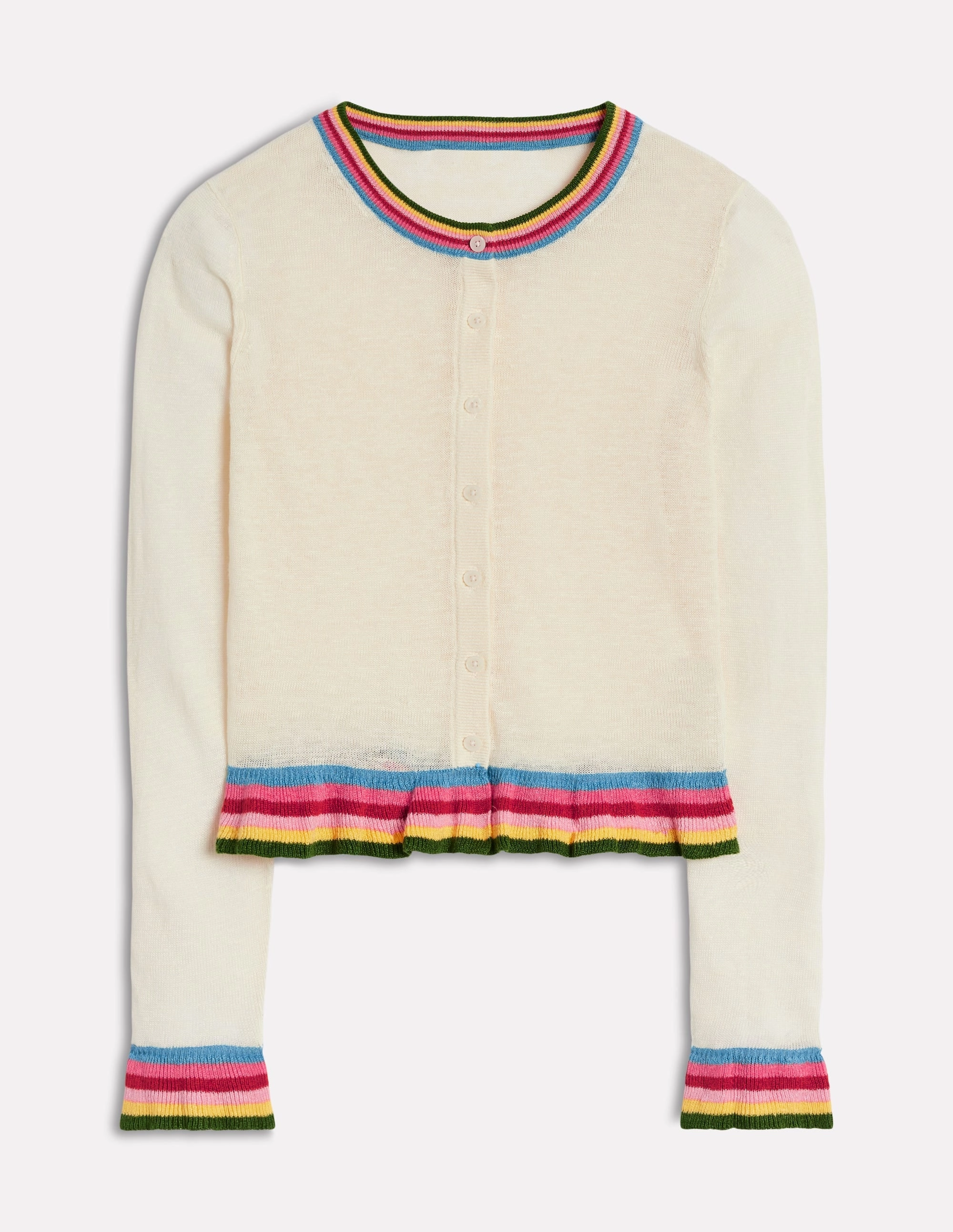 Ribbed Hemline Day To Night Josie Cropped Linen Cardigan-Warm Ivory, Multi Stripe