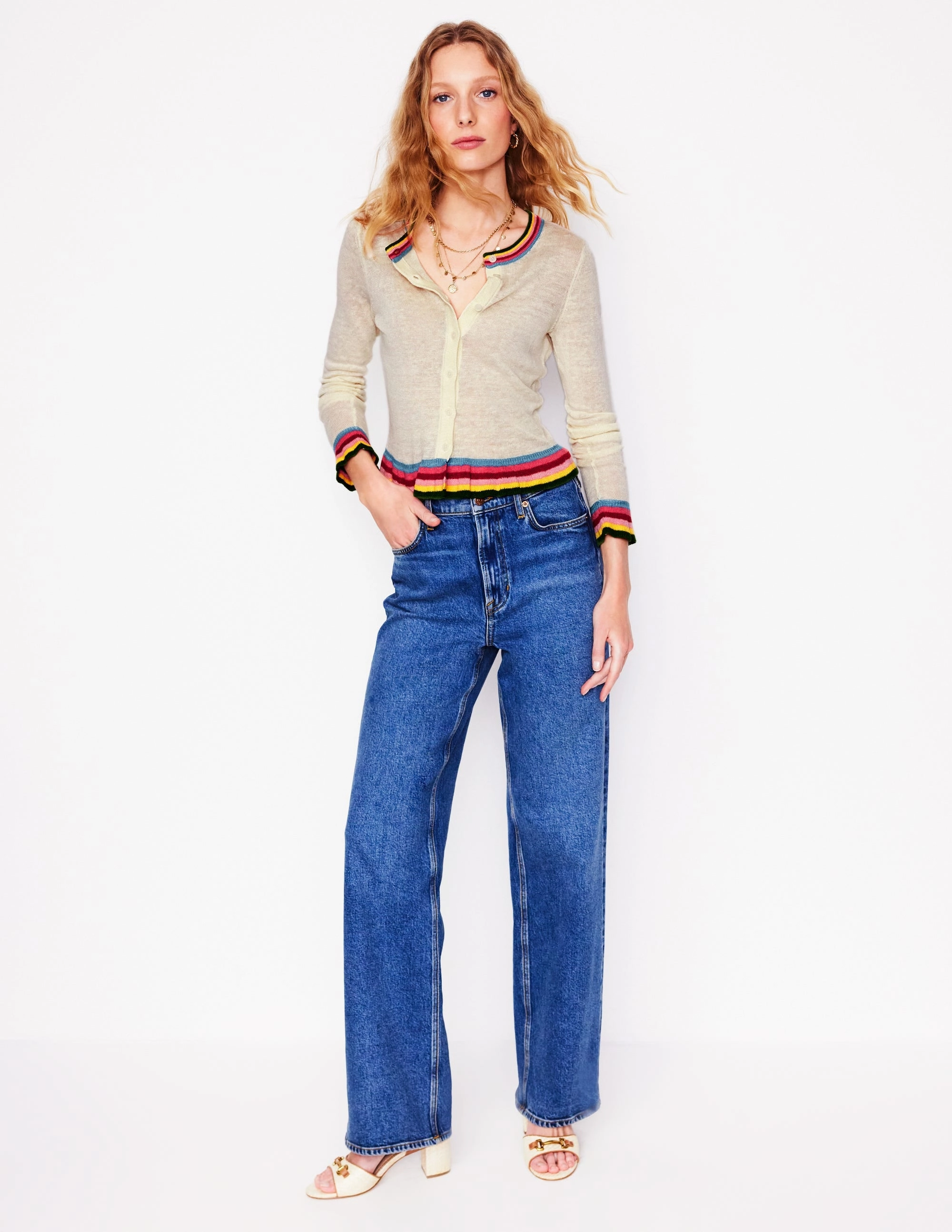 Josie Cropped Linen Cardigan-Warm Ivory, Multi Stripe Flexible Seam Structure