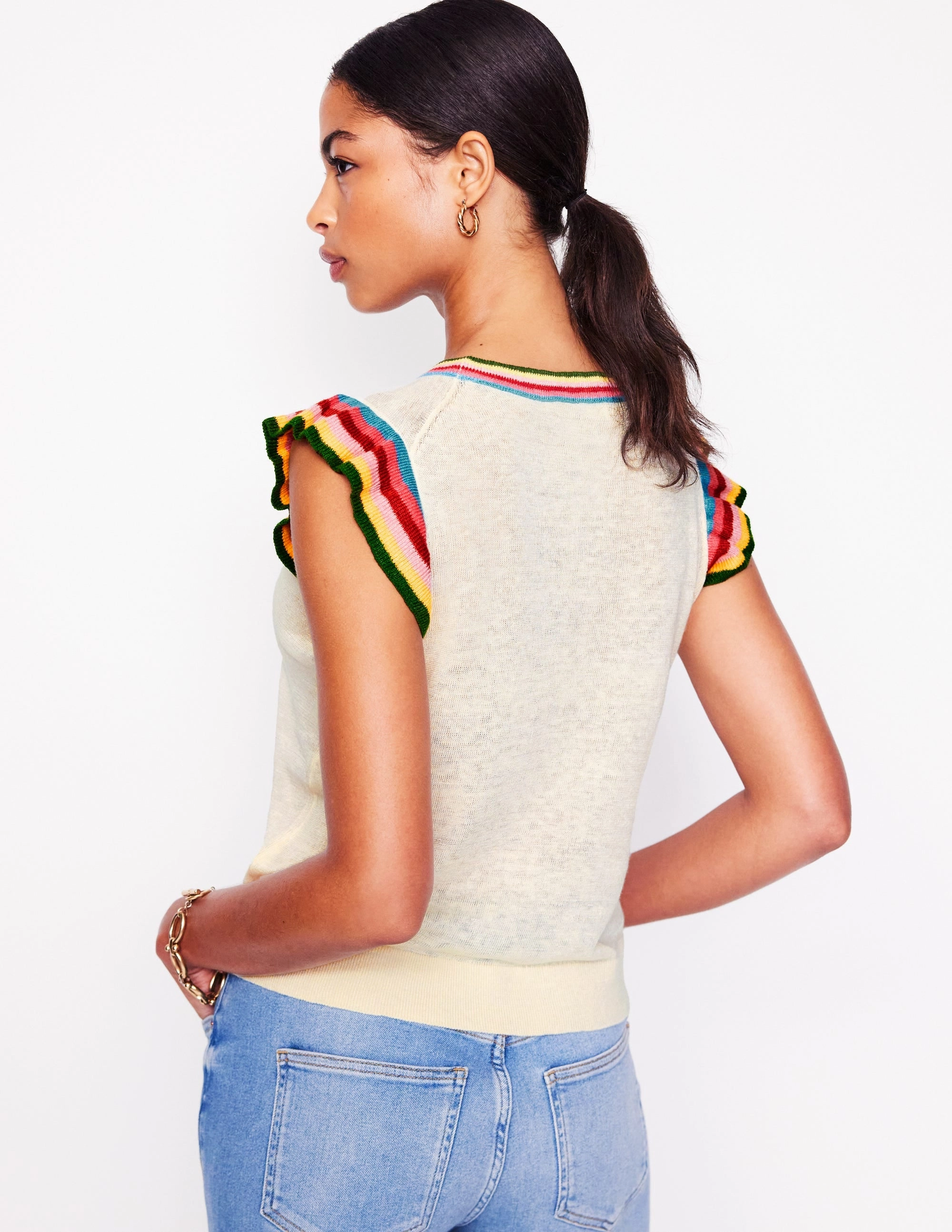 Josie Frilled Linen Tank-Warm Ivory, Multi Stripe DoubleLayered Hem Technology