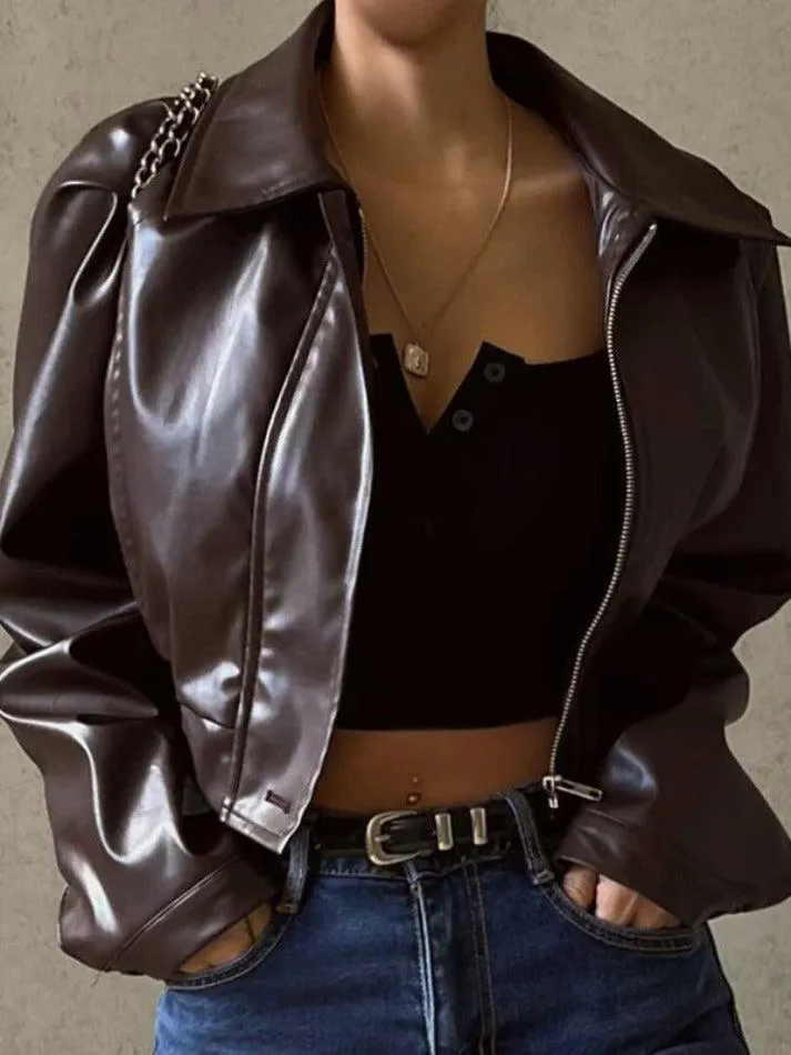 Joskaa Vintage Brown Lapel Neck Zip Up Short Jacket