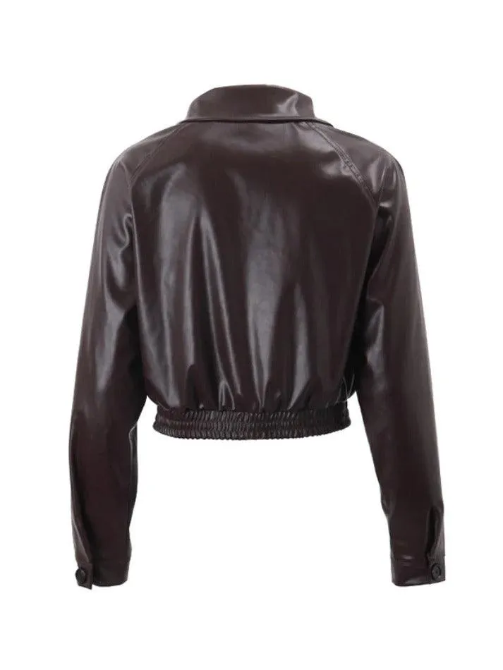 Joskaa Vintage Brown Lapel Neck Zip Up Short Jacket