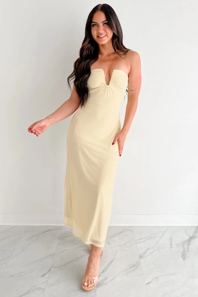 Satin Soft Balanced Tone Just A Fling Strapless Mesh Maxi Dress (Light Yellow)