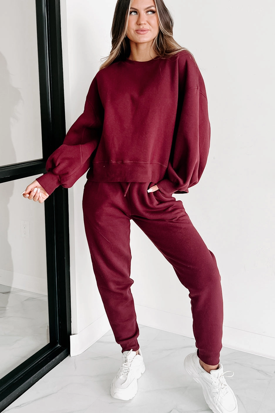 Just Admit It Sweatshirt & Jogger Two-Piece Set (Dark Burgundy) ButtonDownCollar Water Repellent Finish