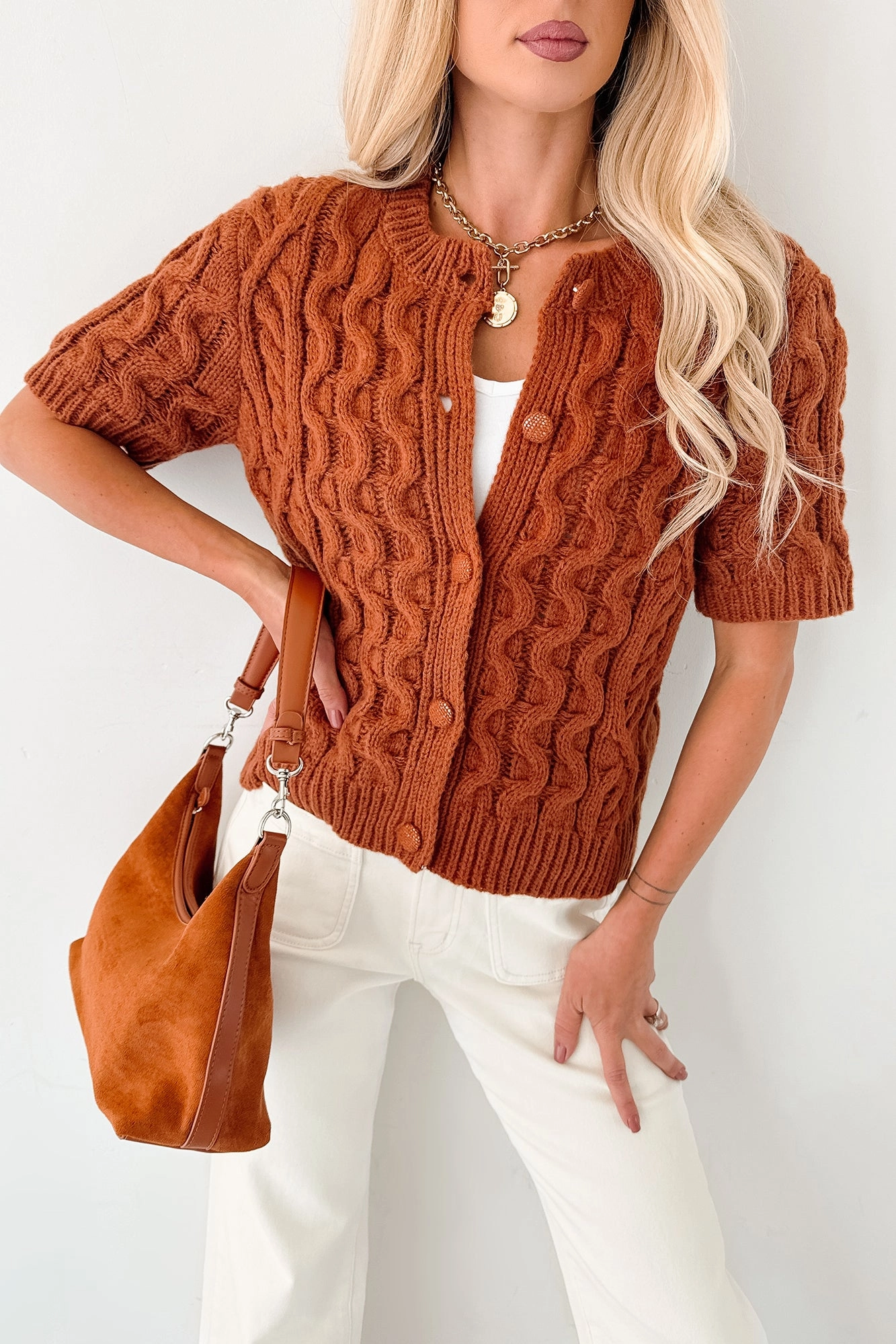 RubberizedTrim Just Being Modest Short Sleeve Button-Up Sweater (Brick)