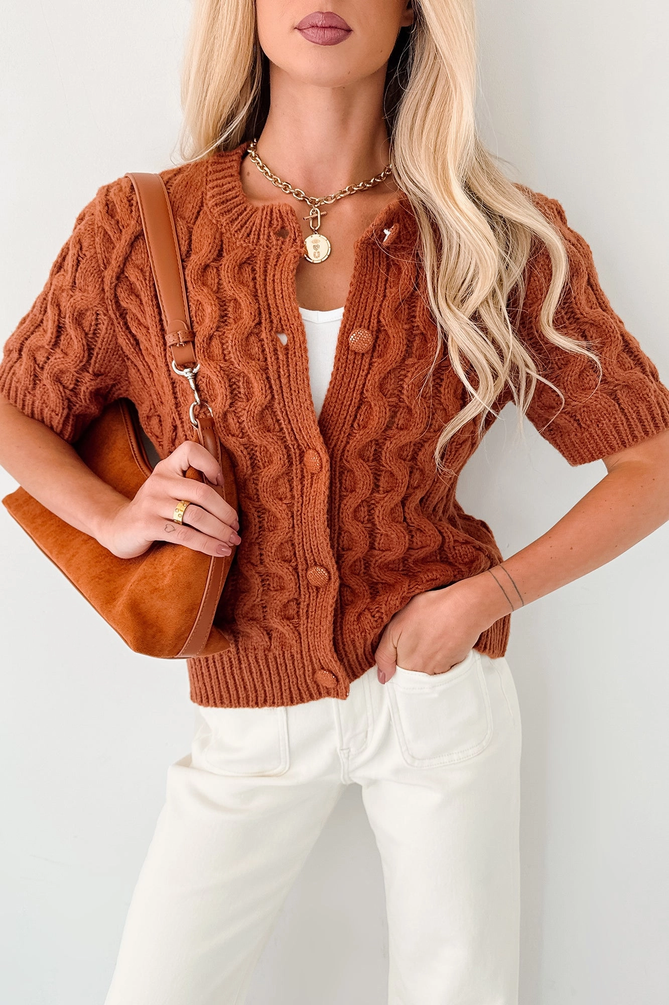 Simple Detail Just Being Modest Short Sleeve Button-Up Sweater (Brick)