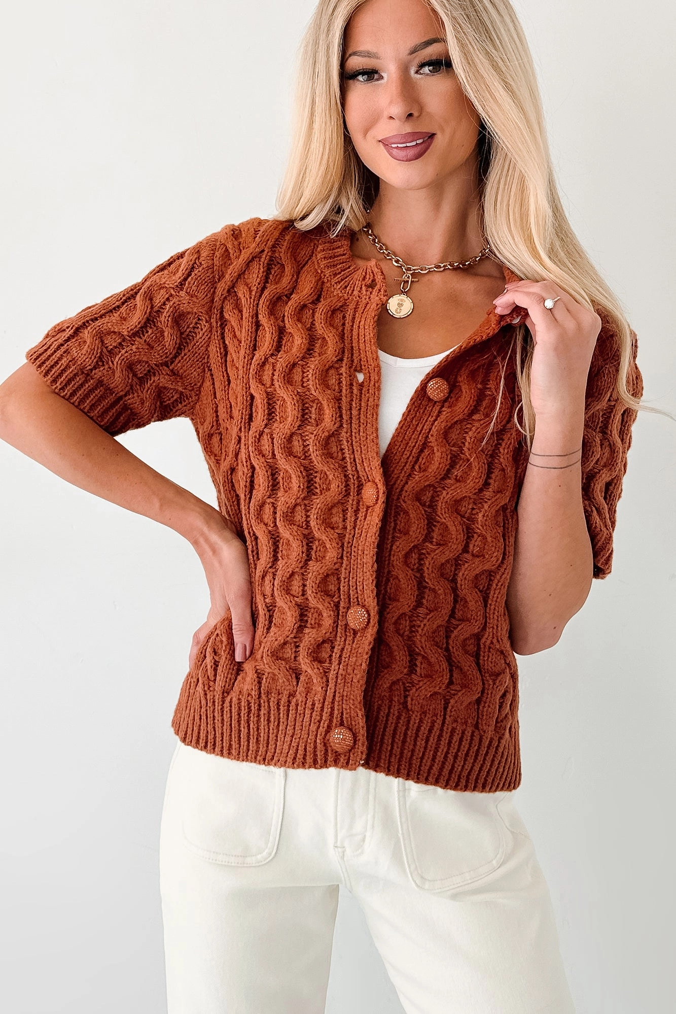 Cozy Texture Just Being Modest Short Sleeve Button-Up Sweater (Brick)