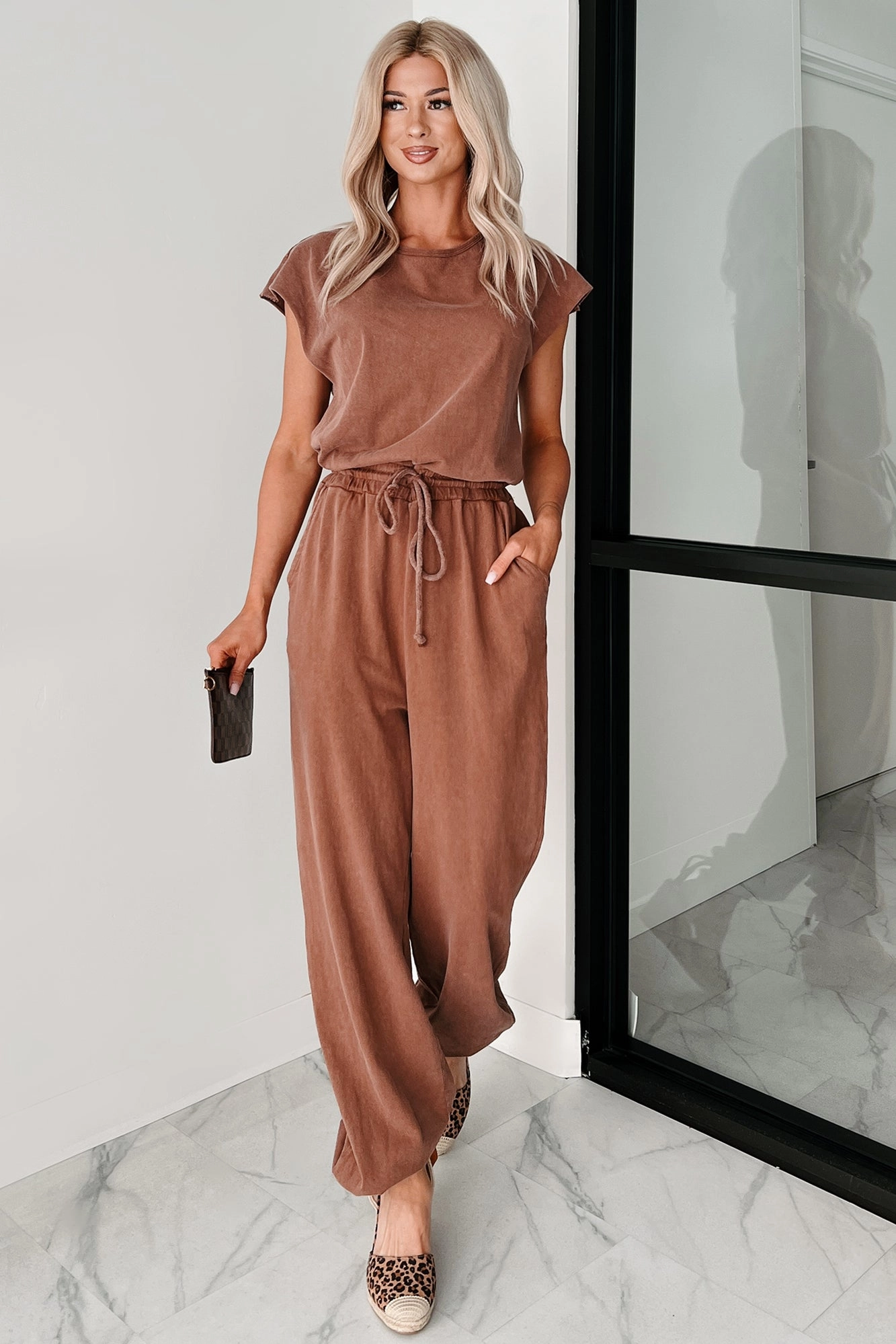 Just The Basics Short Sleeve Jumpsuit (Chestnut) Effortless Layering Comfy Style