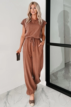 Flared-Hem Work-to-Play Wear Just The Basics Short Sleeve Jumpsuit (Chestnut)