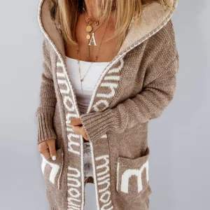 Kailey Autumn And Winter Mid-Length Cardigan Amazon Letter Hooded Knitted Women's Clothing