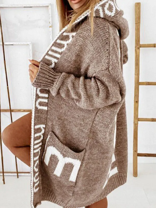 Kailey Autumn And Winter Mid-Length Cardigan Amazon Letter Hooded Knitted Women's Clothing