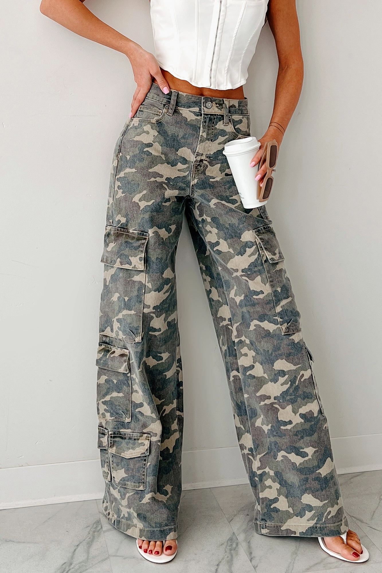 Kayla High Rise Cargo Hidden Jeans (Camouflage) WrinkleResistant Multipanel Construction