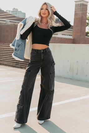 Kayla High Rise Cargo Hidden Jeans (Charcoal) Soft Touch Texture