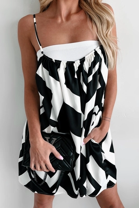 Easy Comfort Look Crystal-Detail Keep It Creative Geometric Satin Romper (Black/White)