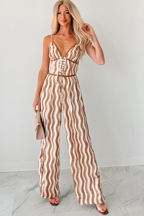 Practical work-to-play piece Keep It Groovy Striped Wide Leg Jumpsuit (Mocha Combo)