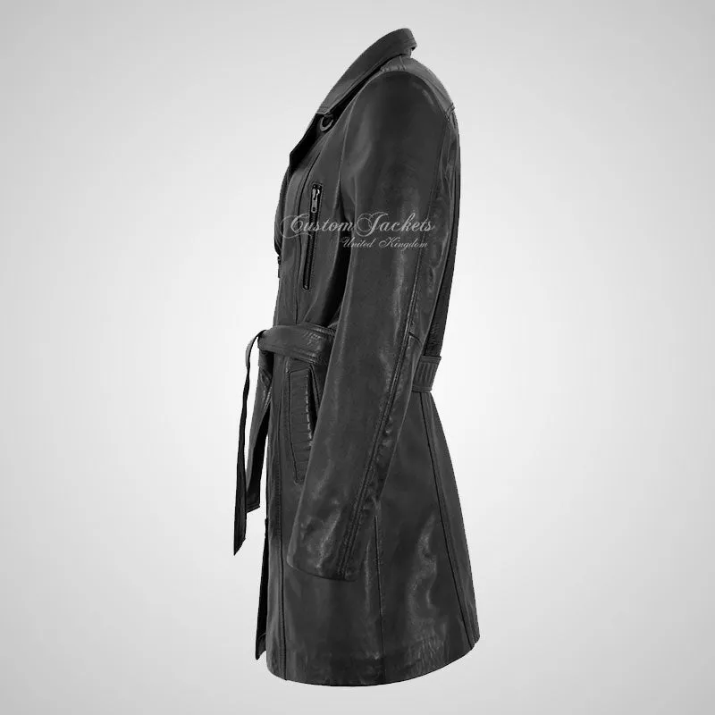 KEEVA Ladies Leather Trench Coat with Belt