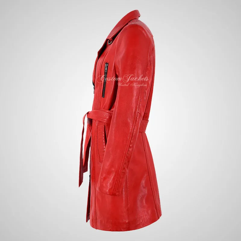 KEEVA Ladies Leather Trench Coat with Belt