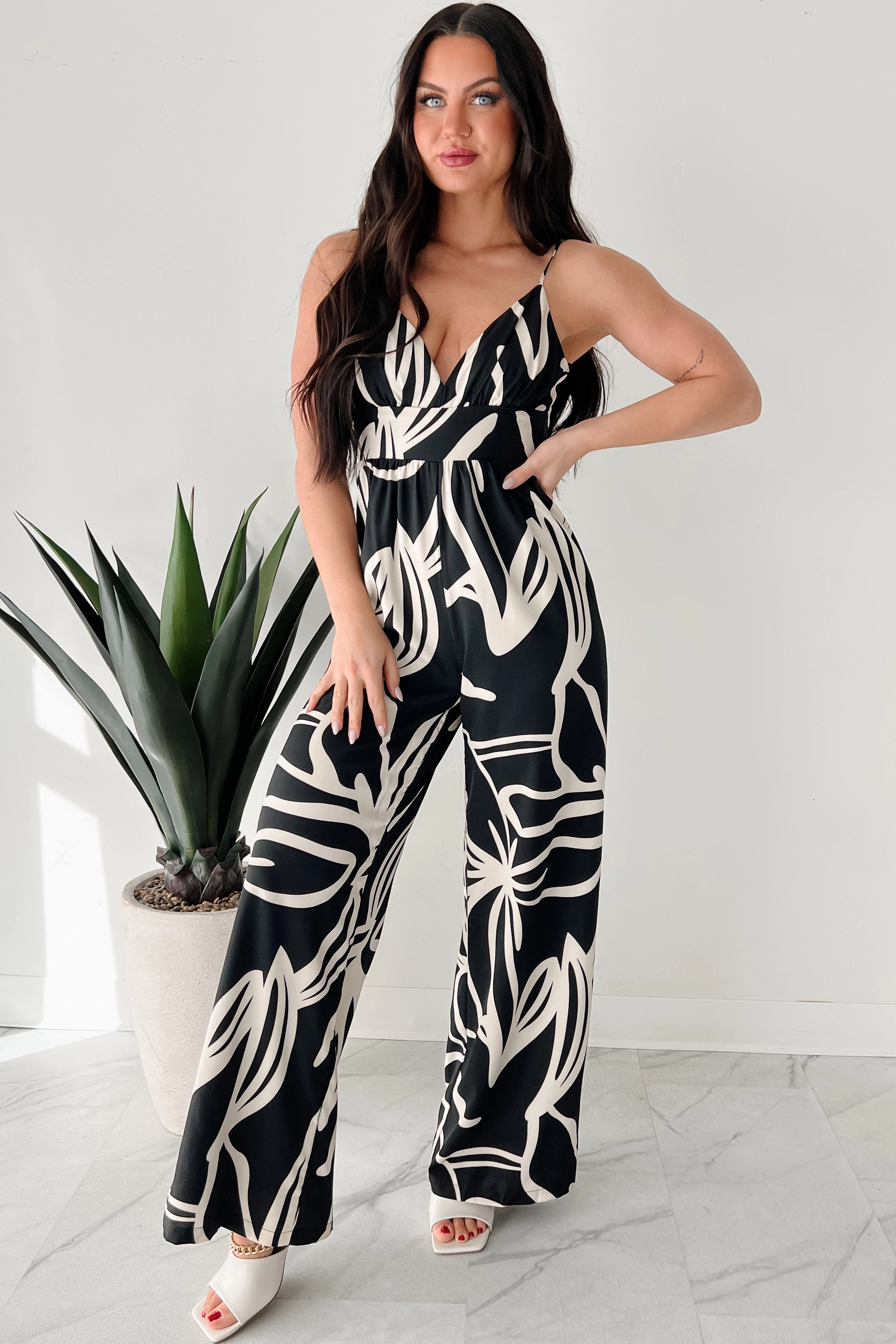 Born To Be Wild Printed Wide Leg Jumpsuit (Black/Ivory) Fit Choice Urban Light