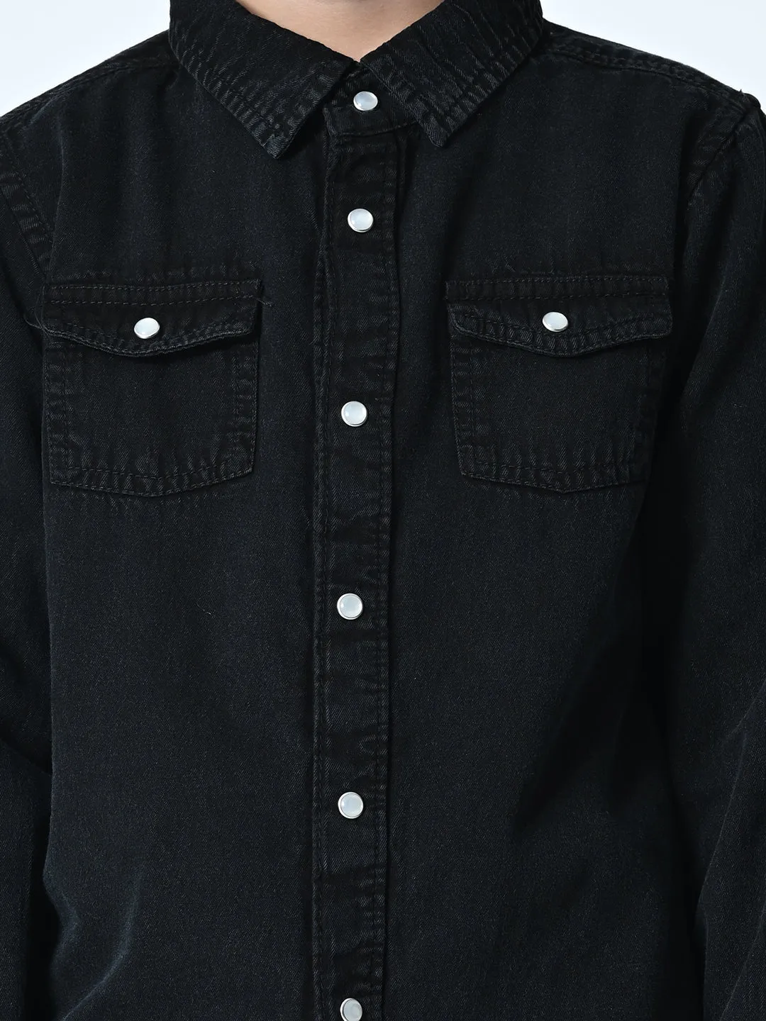 Kids Washed Faded Casual Denim Black Shirt