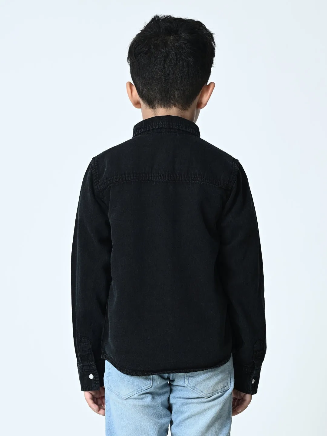 Kids Washed Faded Casual Denim Black Shirt