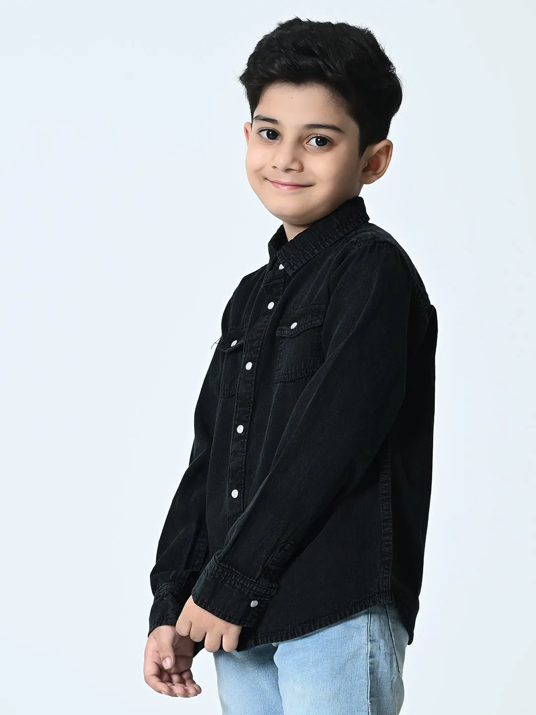 Kids Washed Faded Casual Denim Black Shirt